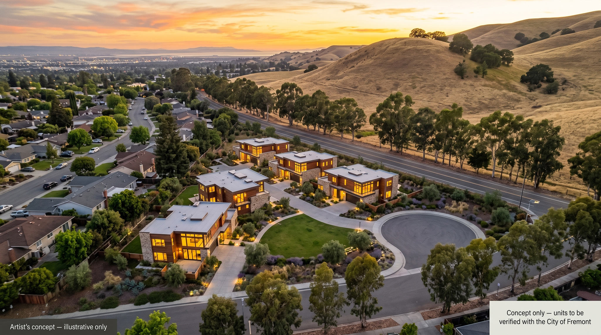 Artist's concept: golden-hour aerial of a future home enclave on the Morrison Canyon corner parcel, valley lights beyond